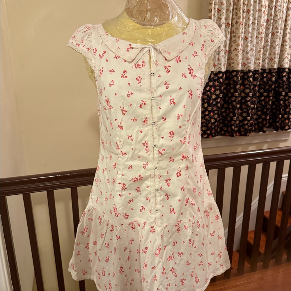 Free People Beasley Mini Drop Waist Dress, White / Red pattern, Size L,